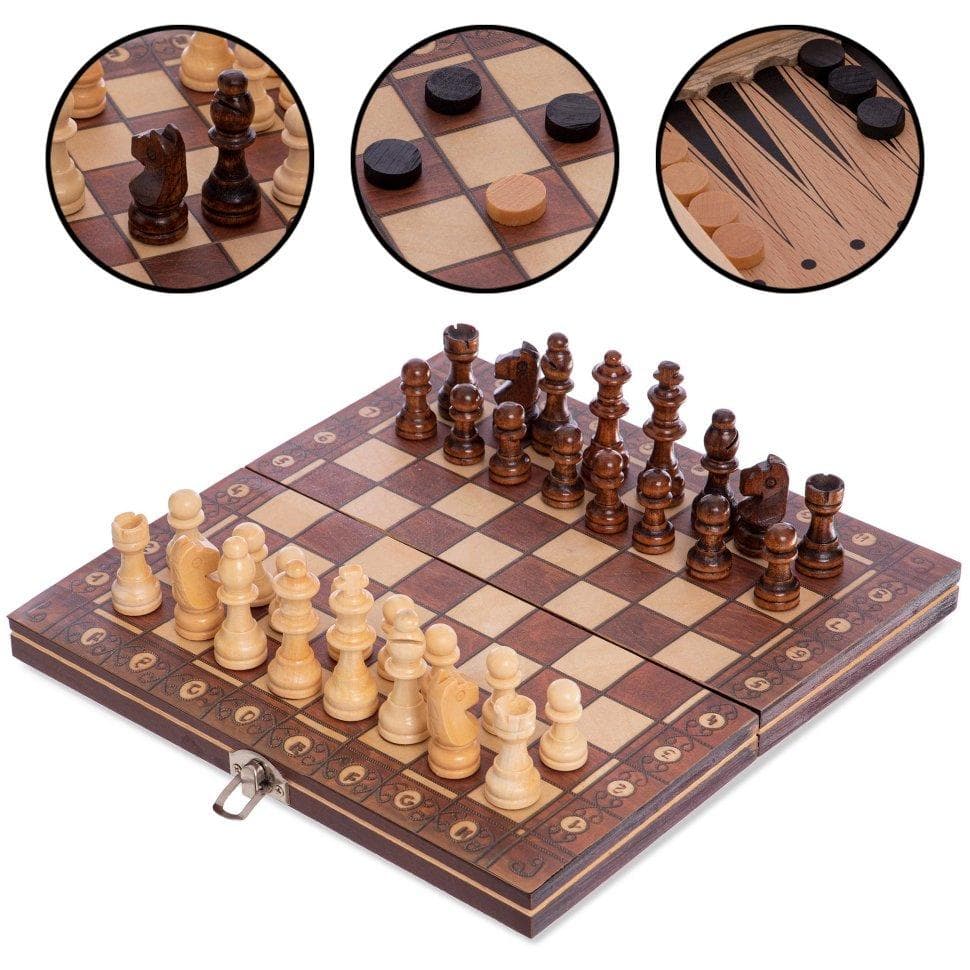 Шахматы деревянные 3 в 1. Wooden W7705H Бол.