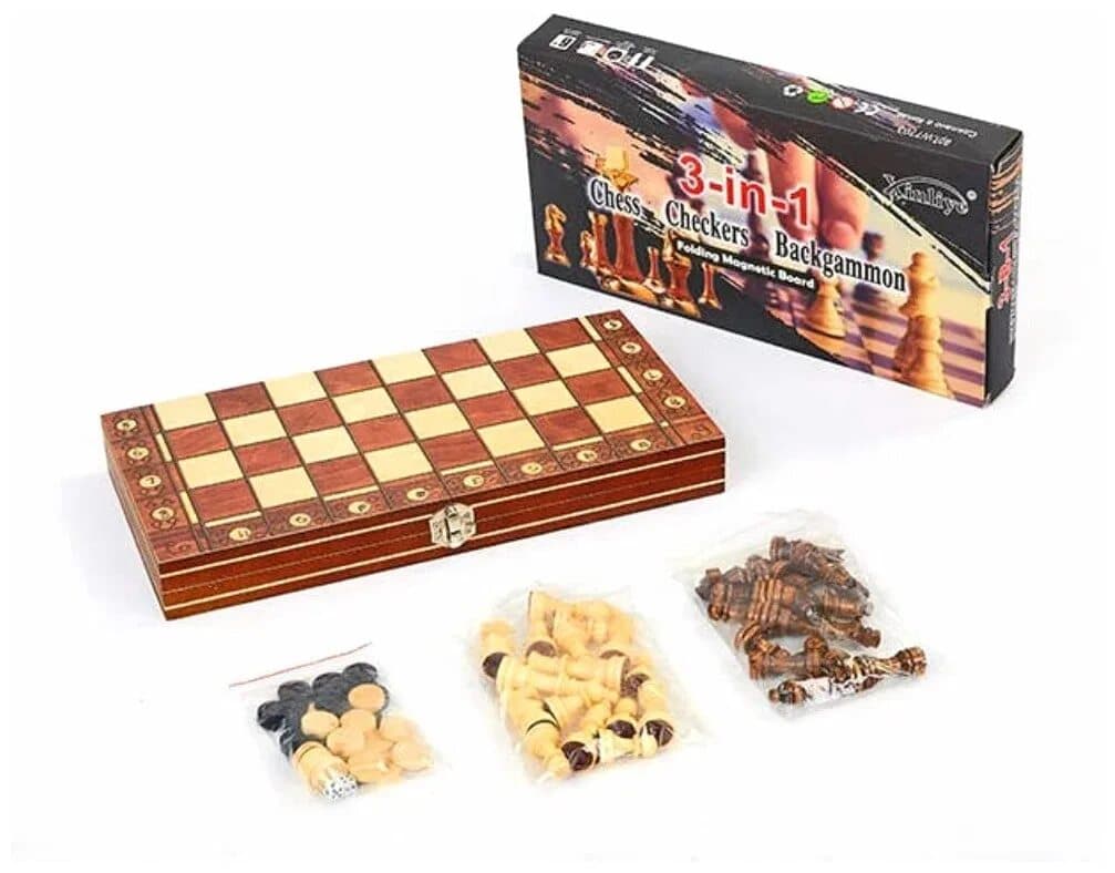Шахматы деревянные 3 в 1. Wooden W7705H Бол.